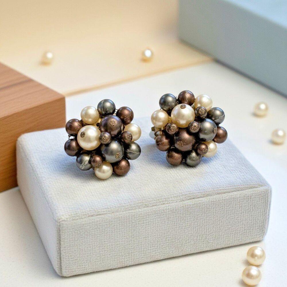 Vintage Japan Cluster Bead Clip On Earrings Brown Gray Cream 1 Inch
